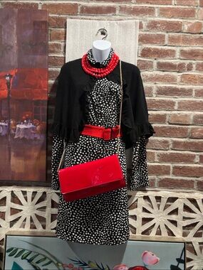 Black White Polka Dot Dress with Red Accents